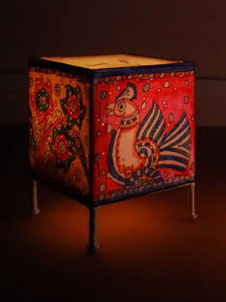 Square Baby T-Light Peacock Foliage Hand-Painted On Leather