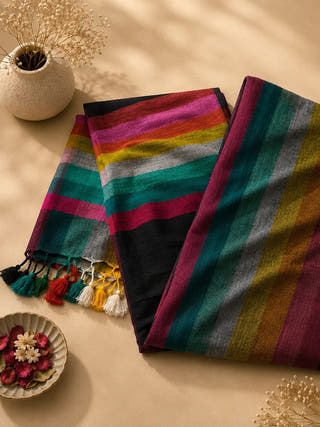 Multicolor Checks Black Mul Cotton Handloom Saree