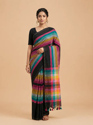 Multicolor Checks Black Mul Cotton Handloom Saree