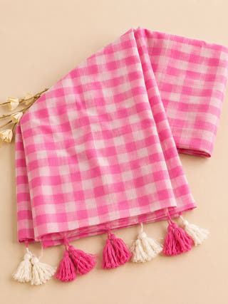 Small Checks Pink Mul Cotton Handloom Saree