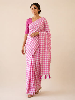 Small Checks Pink Mul Cotton Handloom Saree