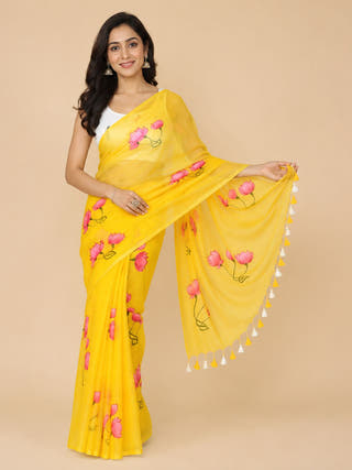 Yellow Lotus Hand Painted Mul Cotton Saree - Without Blouse