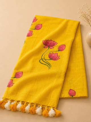 Yellow Lotus Hand Painted Mul Cotton Saree - Without Blouse
