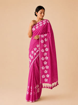 Small Daisy Flower Border Hand Painted Mul Dark Pink Cotton Saree