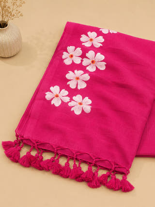 Small Daisy Flower Border Hand Painted Mul Dark Pink Cotton Saree