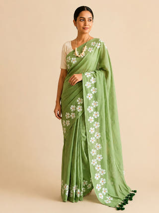 Small Daisy Flower Border Hand Painted Green Mul Cotton Saree