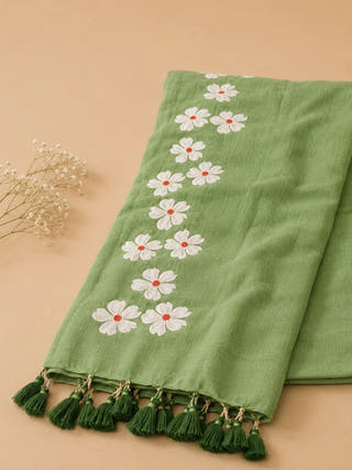 Small Daisy Flower Border Hand Painted Green Mul Cotton Saree