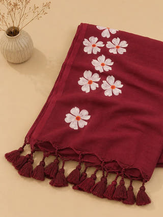 Small Daisy Flower Border Hand Painted Maroon Mul Cotton Saree