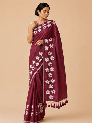 Small Daisy Flower Border Hand Painted Maroon Mul Cotton Saree