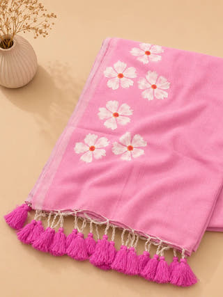 Small Daisy Flower Border Hand Painted Light Pink Mul Cotton Saree