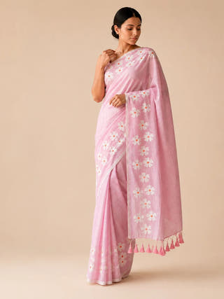 Small Daisy Flower Border Hand Painted Light Pink Mul Cotton Saree