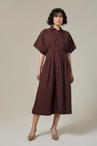 Mocha Brown Pleated Cotton Linen Shirt Dress