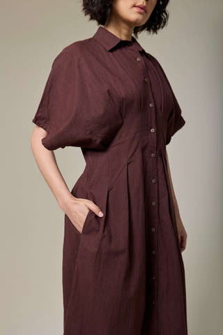 Mocha Brown Pleated Cotton Linen Shirt Dress