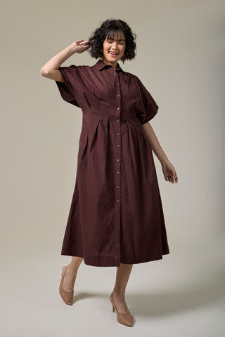 Mocha Brown Pleated Cotton Linen Shirt Dress