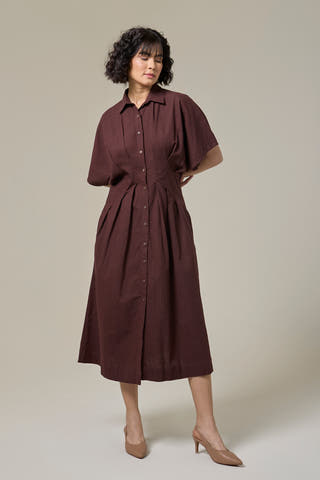 Mocha Brown Pleated Cotton Linen Shirt Dress