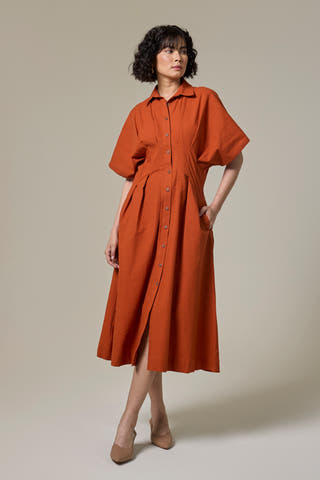 Terracotta Pleated Cotton Linen Shirt Dress