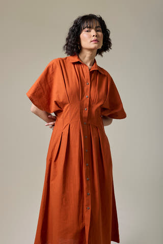 Terracotta Pleated Cotton Linen Shirt Dress
