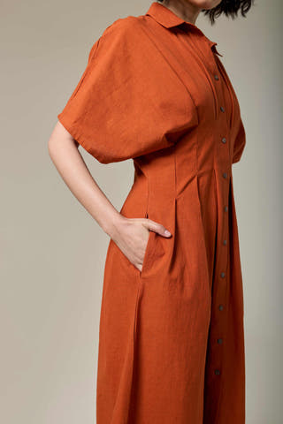 Terracotta Pleated Cotton Linen Shirt Dress