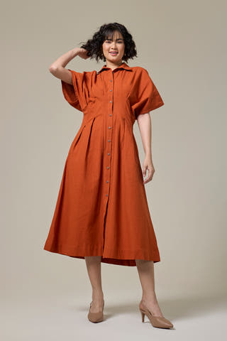Terracotta Pleated Cotton Linen Shirt Dress