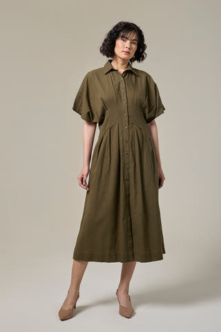 Olive Green Pleated Cotton Linen Shirt Dress