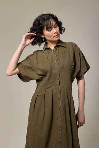 Olive Green Pleated Cotton Linen Shirt Dress