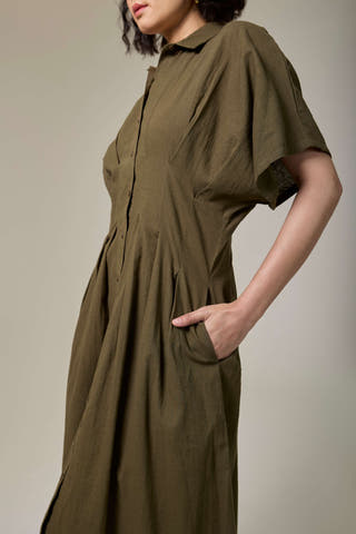 Olive Green Pleated Cotton Linen Shirt Dress