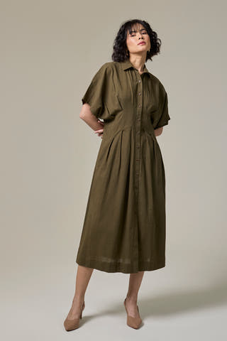 Olive Green Pleated Cotton Linen Shirt Dress