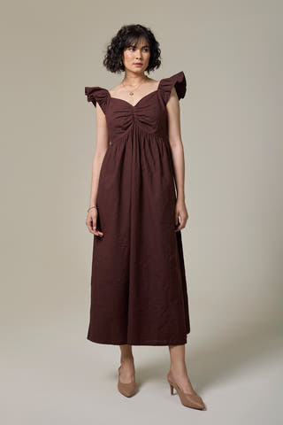 Mocha Brown Cotton Linen Sweetheart Dress