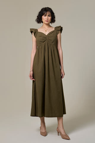 Olive Green Cotton Linen Sweetheart Dress