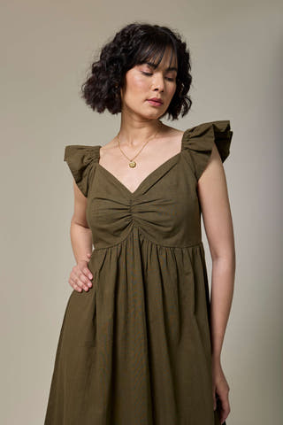 Olive Green Cotton Linen Sweetheart Dress