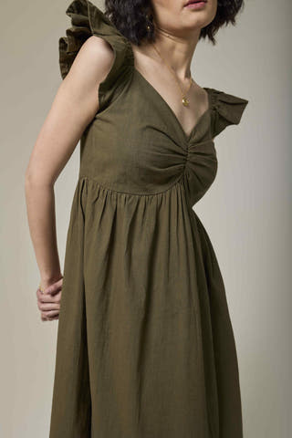 Olive Green Cotton Linen Sweetheart Dress