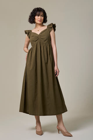 Olive Green Cotton Linen Sweetheart Dress