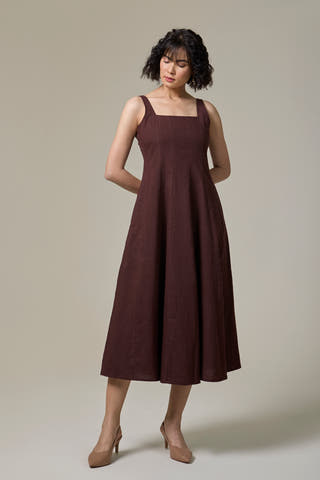 Mocha Brown Cotton Linen Square Neck Dress