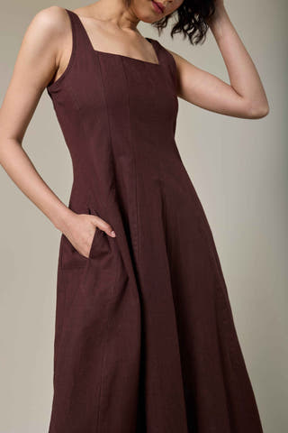 Mocha Brown Cotton Linen Square Neck Dress