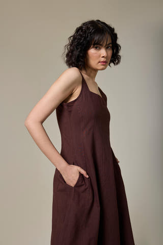 Mocha Brown Cotton Linen Square Neck Dress