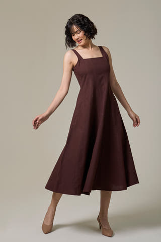 Mocha Brown Cotton Linen Square Neck Dress