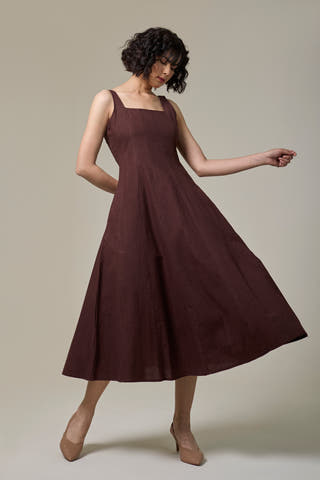 Mocha Brown Cotton Linen Square Neck Dress