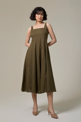 Olive Green Cotton Linen Square Neck Dress