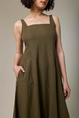 Olive Green Cotton Linen Square Neck Dress