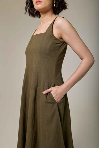Olive Green Cotton Linen Square Neck Dress