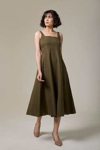 Olive Green Cotton Linen Square Neck Dress