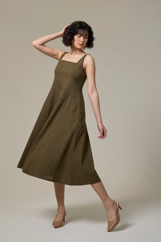 Olive Green Cotton Linen Square Neck Dress