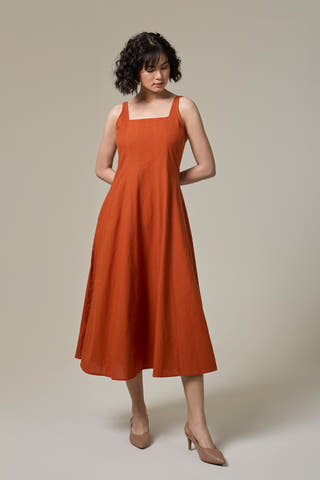 Terracotta Cotton Linen Square Neck Dress