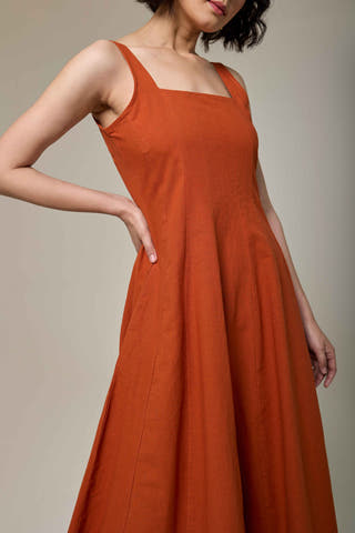 Terracotta Cotton Linen Square Neck Dress