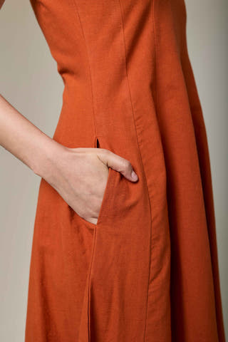 Terracotta Cotton Linen Square Neck Dress