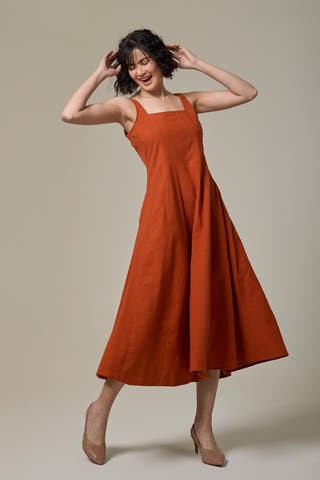 Terracotta Cotton Linen Square Neck Dress