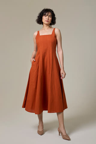 Terracotta Cotton Linen Square Neck Dress