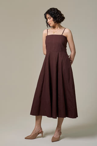 Mocha Brown Cotton Linen Strappy Dress