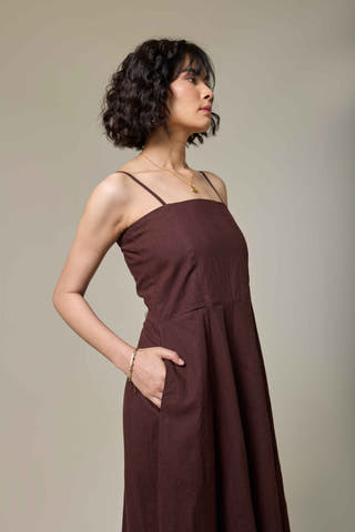 Mocha Brown Cotton Linen Strappy Dress