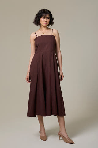 Mocha Brown Cotton Linen Strappy Dress